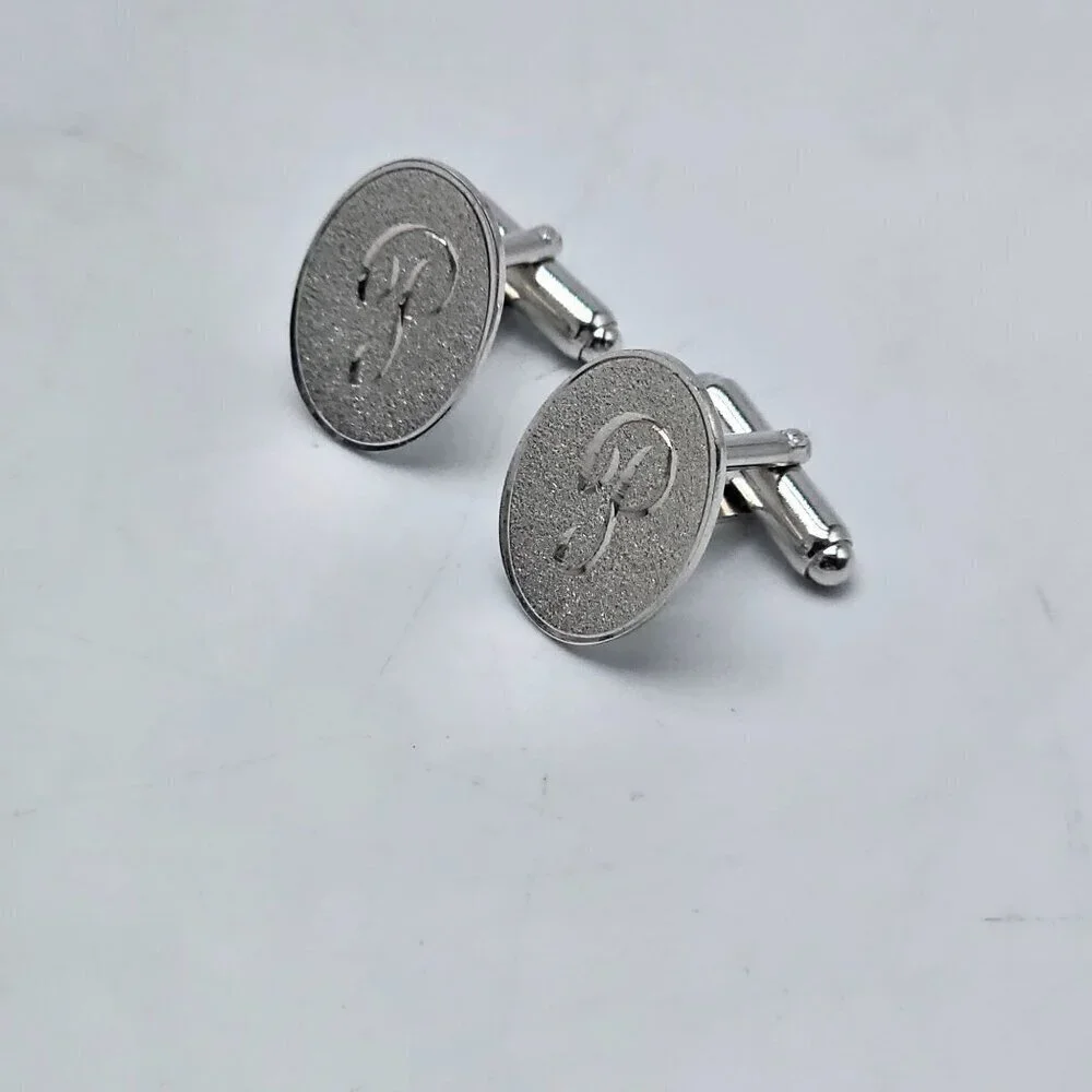 Silver Monogrammed P Oval Cufflinks Vintage Mid Century
